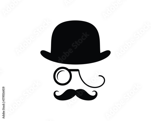 Classic gentleman's silhouette with bowler hat, monocle, mustache.