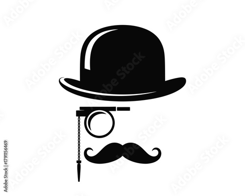 Elegant gentleman silhouette with bowler hat, monocle, mustache