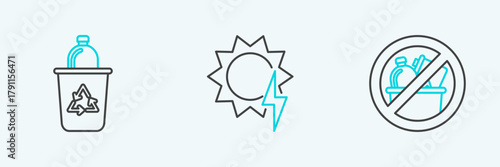 Set line No trash, Recycle bin with recycle symbol and Solar energy panel icon. Vector