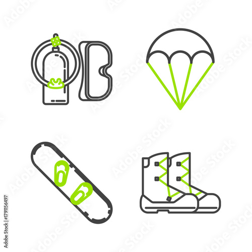 Set line Boots, Snowboard, Parachute and Diving mask and aqualung icon. Vector