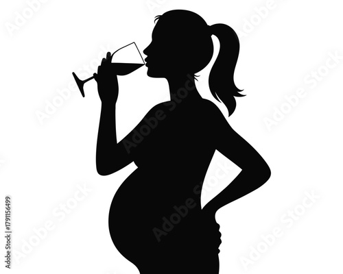 Pregnant woman drinking alcohol from a wine glass silhouette