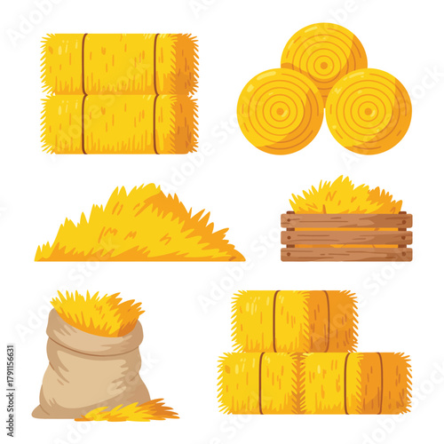 A vector illustration of various hay and straw forms including rectangular and round bales, piles, and sacks.