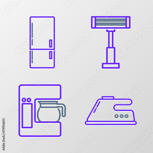 Set line Electric iron, Coffee machine with glass pot, heater and Refrigerator icon. Vector