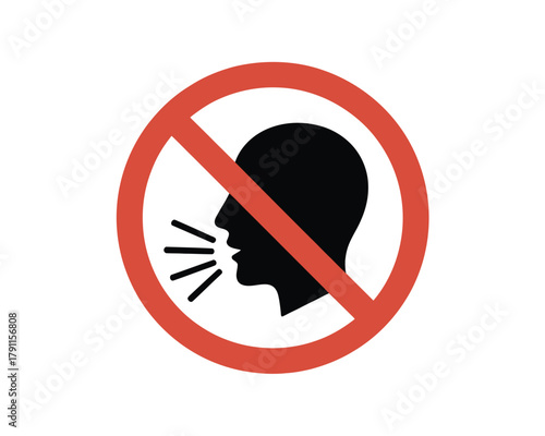 A red prohibition sign indicating no talking or silence required