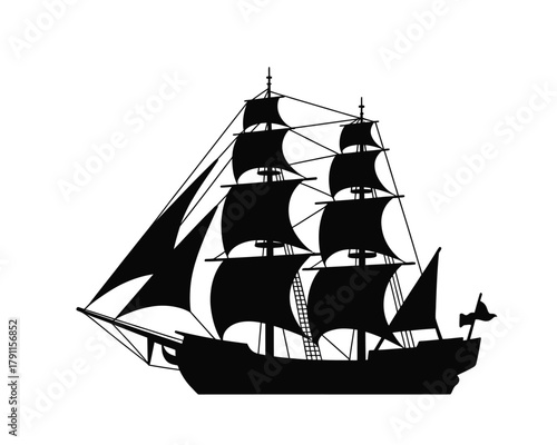 Detailed black silhouette of a vintage tall ship, representing ocean exploration and adventure
