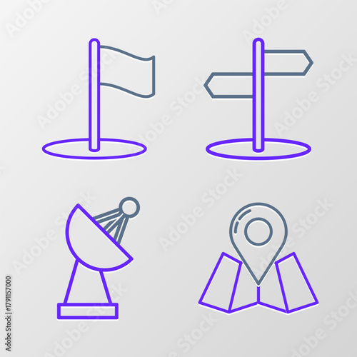 Set line Folded map with location marker, Radar, Road traffic sign and Flag icon. Vector