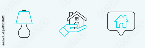 Set line Map pointer with house, Table lamp and Realtor icon. Vector