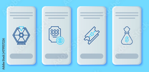 Set line Online slot machine, Lottery ticket, Lucky wheel and Money bag icon. Vector