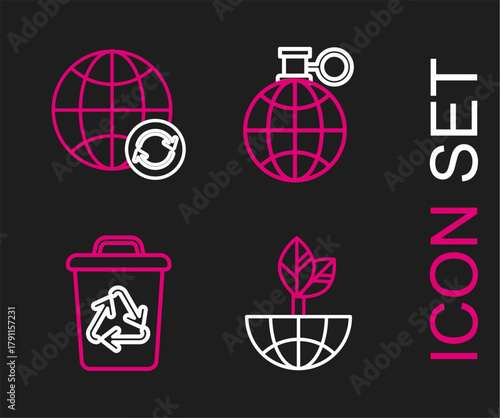Set line Earth globe and leaf, Recycle bin with recycle symbol, Planet earth recycling and icon. Vector