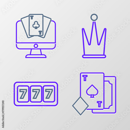 Set line Playing card with spades, Slot machine lucky sevens jackpot, Crown and Online poker table game icon. Vector