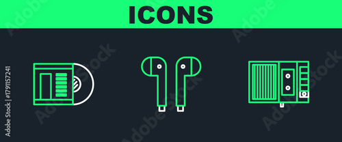 Set line Music tape player, Vinyl disk and Air headphones icon. Vector