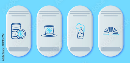 Set line Leprechaun hat and four leaf clover, Glass of beer, Gold coin with and Rainbow icon. Vector