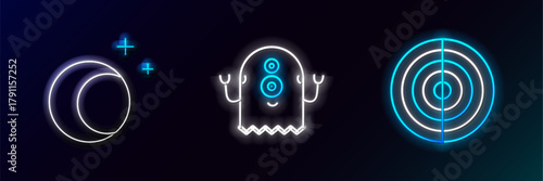 Set line Earth structure, Moon and stars and Alien icon. Glowing neon. Vector