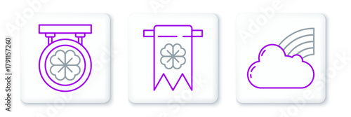 Set line Rainbow with cloud, Street signboard four leaf clover and Four and party pennant icon. Vector