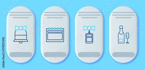 Set line Calendar, Price tag with an inscription Sale, Merry Christmas ringing bell and Champagne bottle and glass of champagne icon. Vector