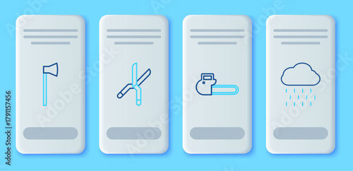 Set line Gardening handmade scissors, Chainsaw, Wooden axe and Cloud with rain icon. Vector