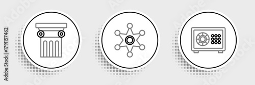 Set line Safe, Law pillar and Hexagram sheriff icon. Vector