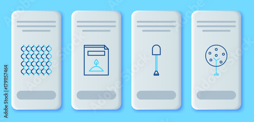 Set line A pack full of seeds of a specific plant, Shovel, Garden fence wooden and Tree icon. Vector