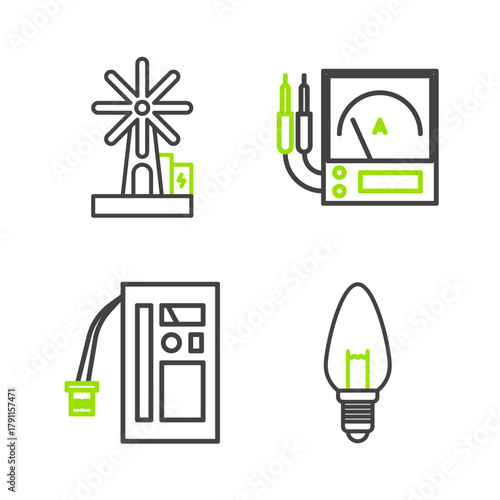 Set line Light bulb, Battery, Ampere meter, multimeter, voltmeter and Wind turbine icon. Vector