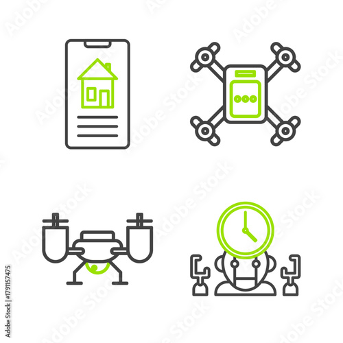 Set line Robot and digital time manager, Drone flying with action camera, and Smart home icon. Vector