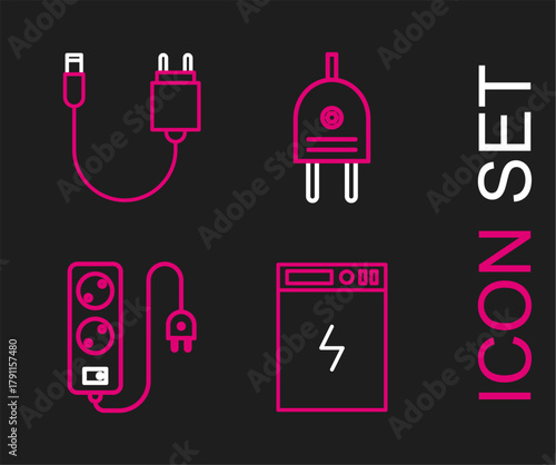 Set line Power bank, Electric extension cord, plug and Charger icon. Vector