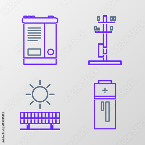 Set line Battery, Solar energy panel and sun, High voltage power pole line and Car battery icon. Vector