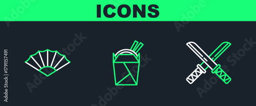 Set line Traditional Japanese katana, Paper chinese or japanese folding fan and Asian noodles paper box and chopsticks icon. Vector