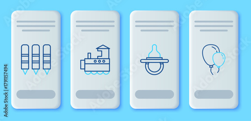 Set line Toy train, Baby dummy pacifier, Wax crayons for drawing and Balloons with ribbon icon. Vector