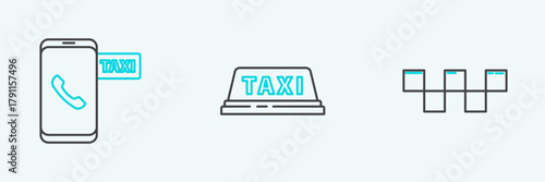 Set line Taxi car roof, call telephone service and icon. Vector