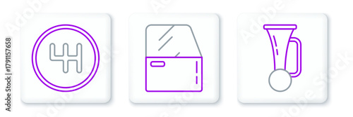 Set line Signal horn on vehicle, Gear shifter and Car door icon. Vector
