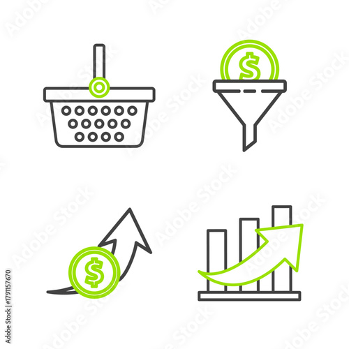 Set line Financial growth and coin, Lead management and Shopping basket icon. Vector