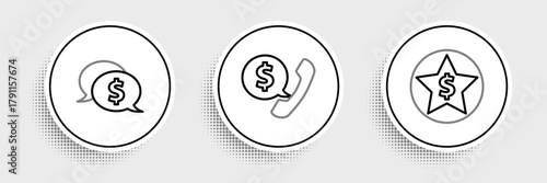 Set line Star and dollar, Speech bubble with and Telephone handset speech chat icon. Vector