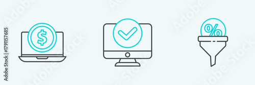Set line Lead management, Laptop with dollar and Computer monitor icon. Vector