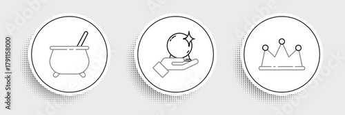 Set line Crown, Witch cauldron and Magic ball hand icon. Vector