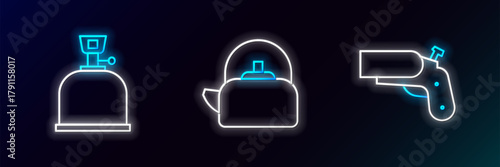 Set line Flare gun pistol, Camping gas stove and Kettle with handle icon. Glowing neon. Vector