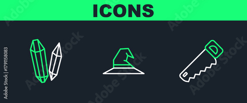 Set line Hand saw, Magic stone and Witch hat icon. Vector