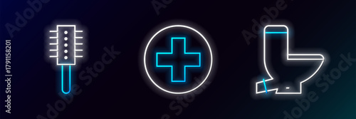 Set line Toilet bowl, Hairbrush and Cross hospital medical icon. Glowing neon. Vector