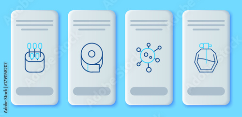Set line Toilet paper roll, Virus, Cotton swab for ears and Perfume icon. Vector