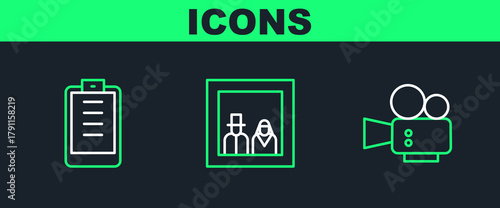 Set line Cinema camera, Clipboard with checklist and Family photo icon. Vector