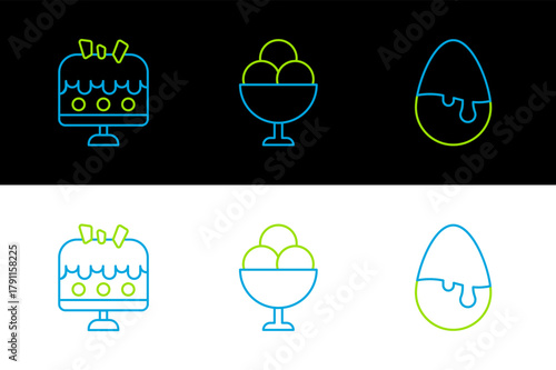 Set line Chocolate egg, Cake on plate and Ice cream in bowl icon. Vector