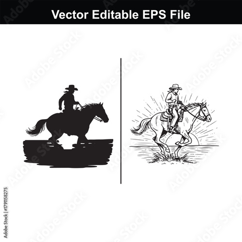 Silhouette and line art of a cowboy riding a horse, showcasing two distinct artistic styles for equestrian themes