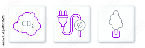 Set line Tree, CO2 emissions in cloud and Electric saving plug leaf icon. Vector