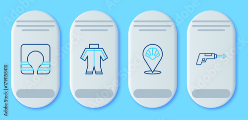 Set line Wetsuit, Scallop sea shell, Life jacket and Fishing harpoon icon. Vector