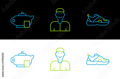 Set line Sport sneakers, Teapot with cup and Positive thinking icon. Vector