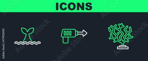 Set line Coral, Whale tail in ocean wave and Fishing harpoon icon. Vector