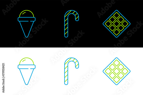Set line Waffle, Ice cream in waffle cone and Christmas candy cane icon. Vector