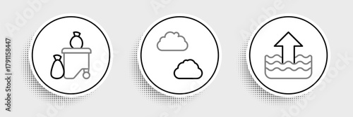 Set line Rise in water level, Full dustbin and Cloud icon. Vector