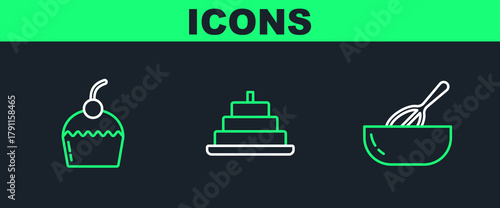 Set line Kitchen whisk and bowl, Cake and with burning candles icon. Vector
