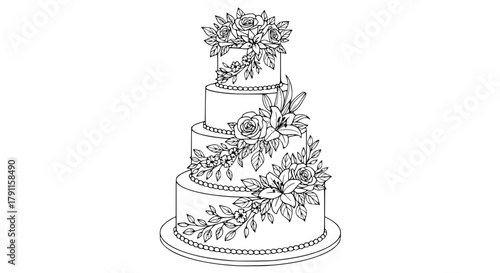 Vector of a wedding cake with floral decorations and elegant layers, detailed line illustration