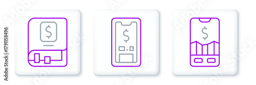 Set line Mobile stock trading, Financial book and with dollar icon. Vector